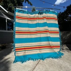 NWT Pendleton Blanket Serape Wool Shawl Striped Turquoise Fringe Throw USA